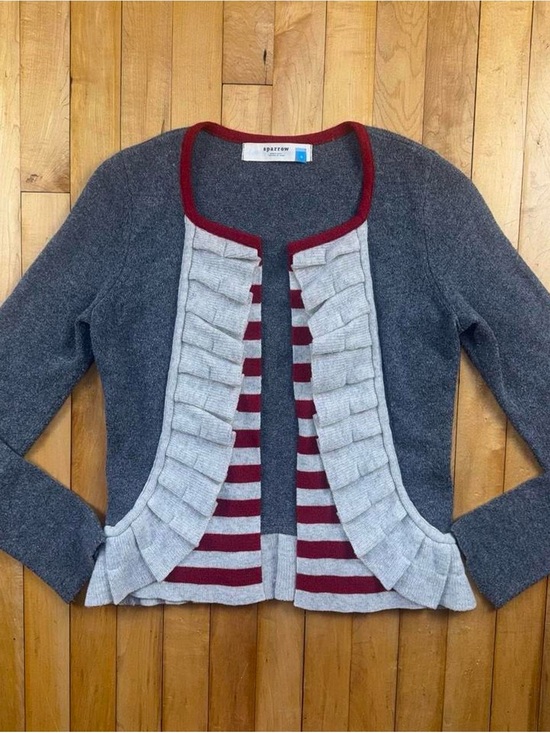 sparrow Sweaters - Sparrow Women’s Small Wool Blend Ruffle Open Cardigan Gray Red Striped Cashmere